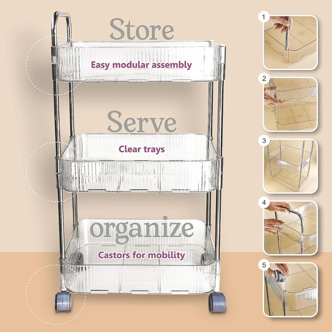 3-Tier Rolling Storage Cart with Handle and Wheels - White