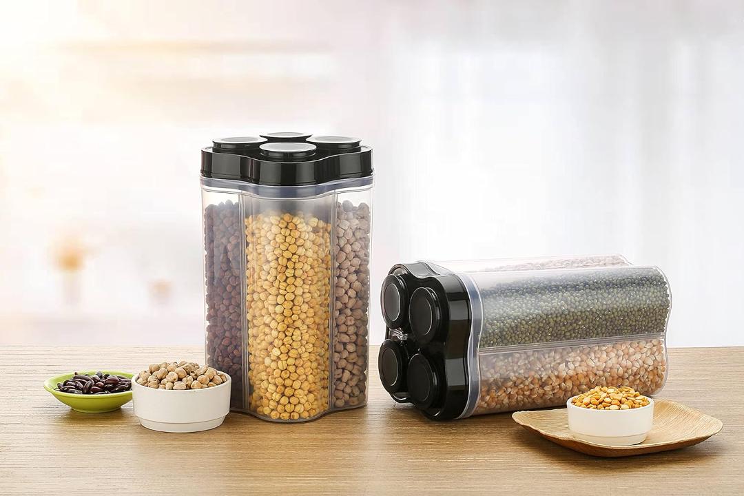 4-in-1 Rotating Multi-Compartment Dry Food Storage Container Dispenser