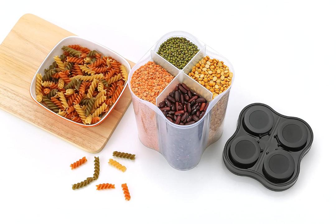 4-in-1 Rotating Multi-Compartment Dry Food Storage Container Dispenser