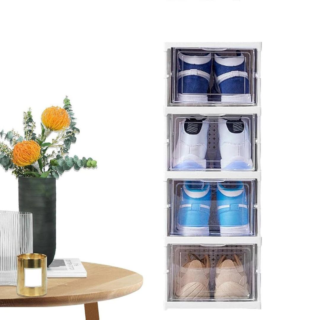4-Tier Foldable Clear Plastic Shoe Storage Box with Transparent Drawers
