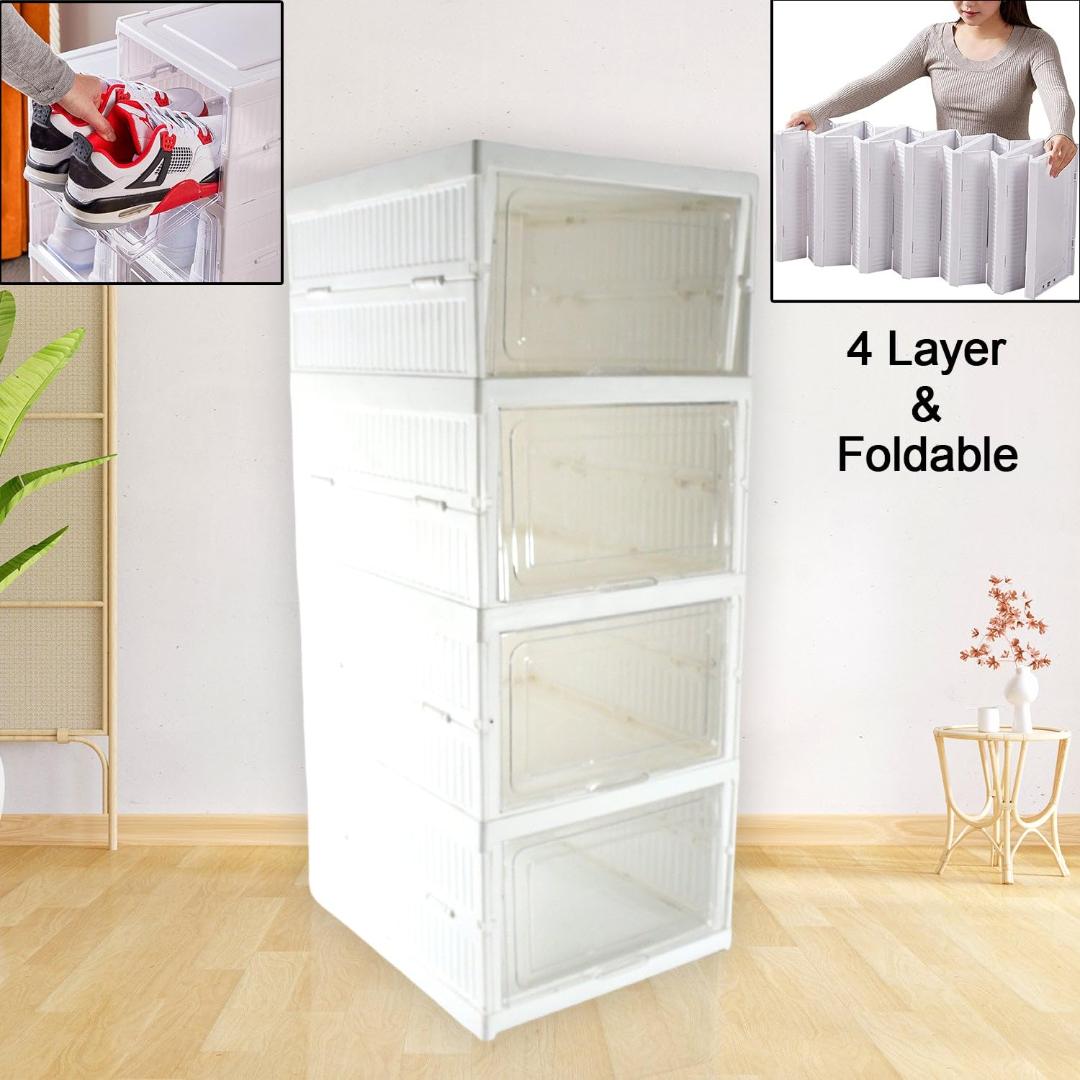 4-Tier Foldable Clear Plastic Shoe Storage Box with Transparent Drawers