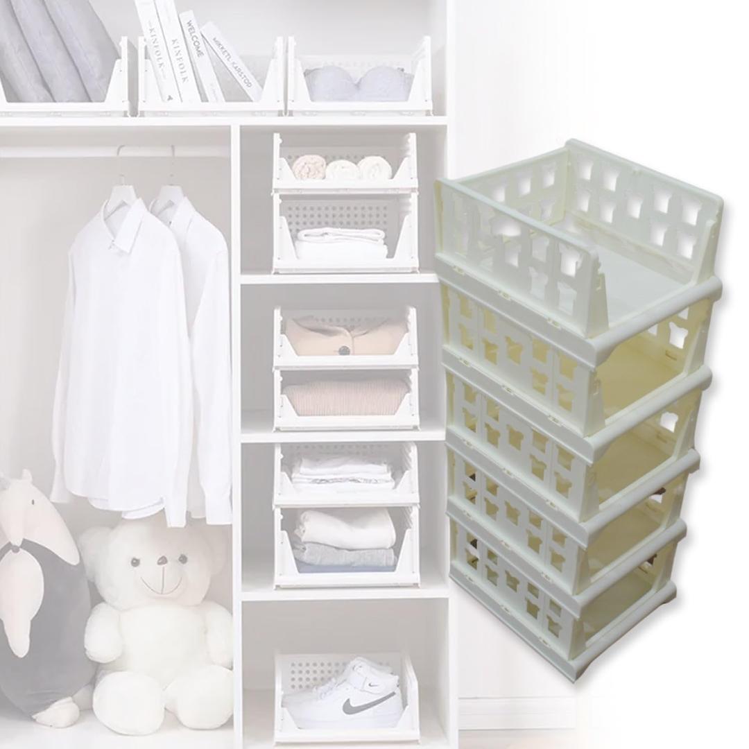 4-Tier Stackable Plastic Storage Drawer Organizer - White & Yellow