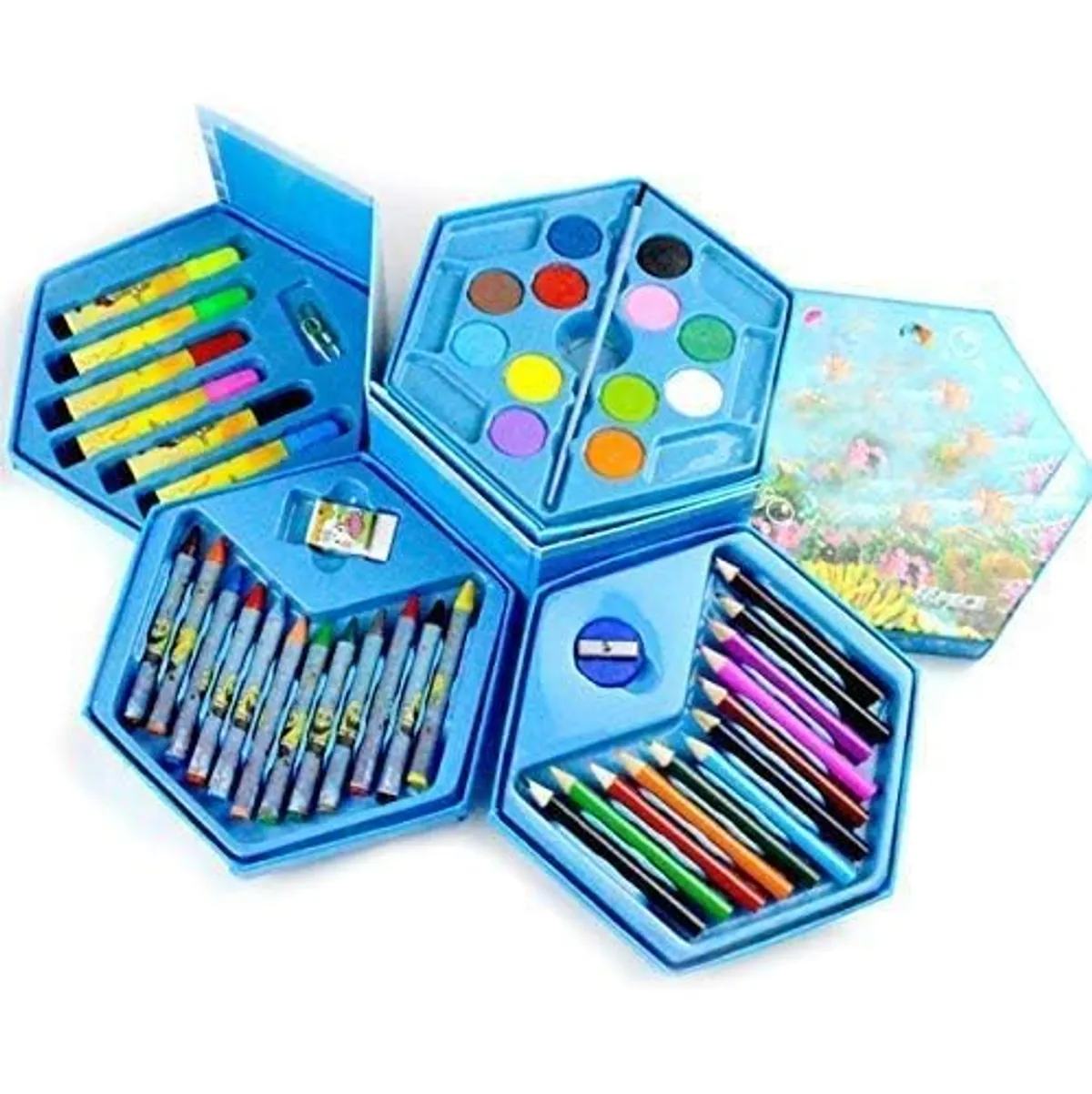 46-Piece Hexagon Art Set For Kids With Crayons, Color Pencils, Watercolors & Markers 