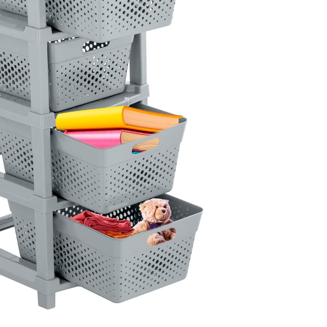 5-Tier Stackable Storage Drawer Organizer with Perforated Design - Grey