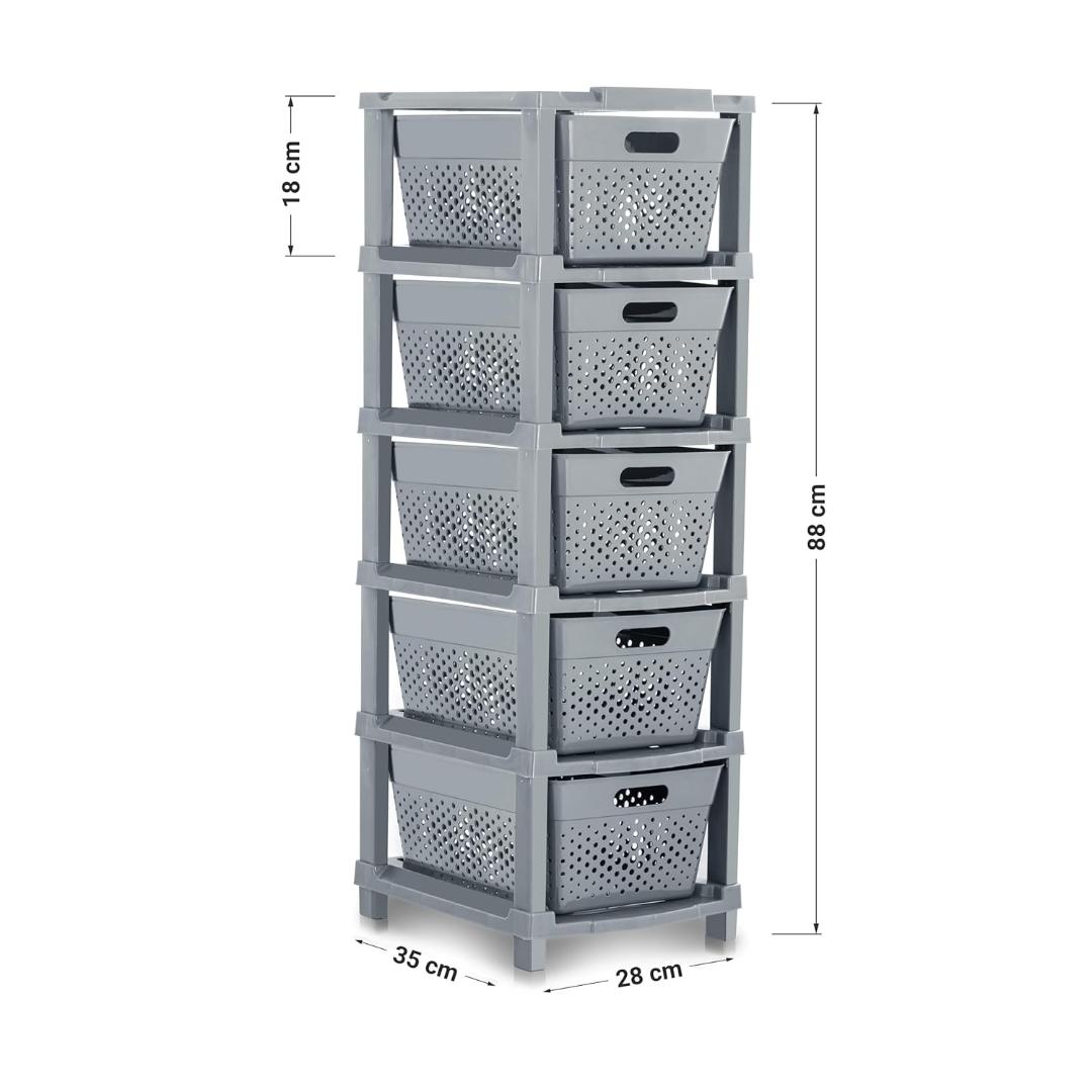 5-Tier Stackable Storage Drawer Organizer with Perforated Design - Grey