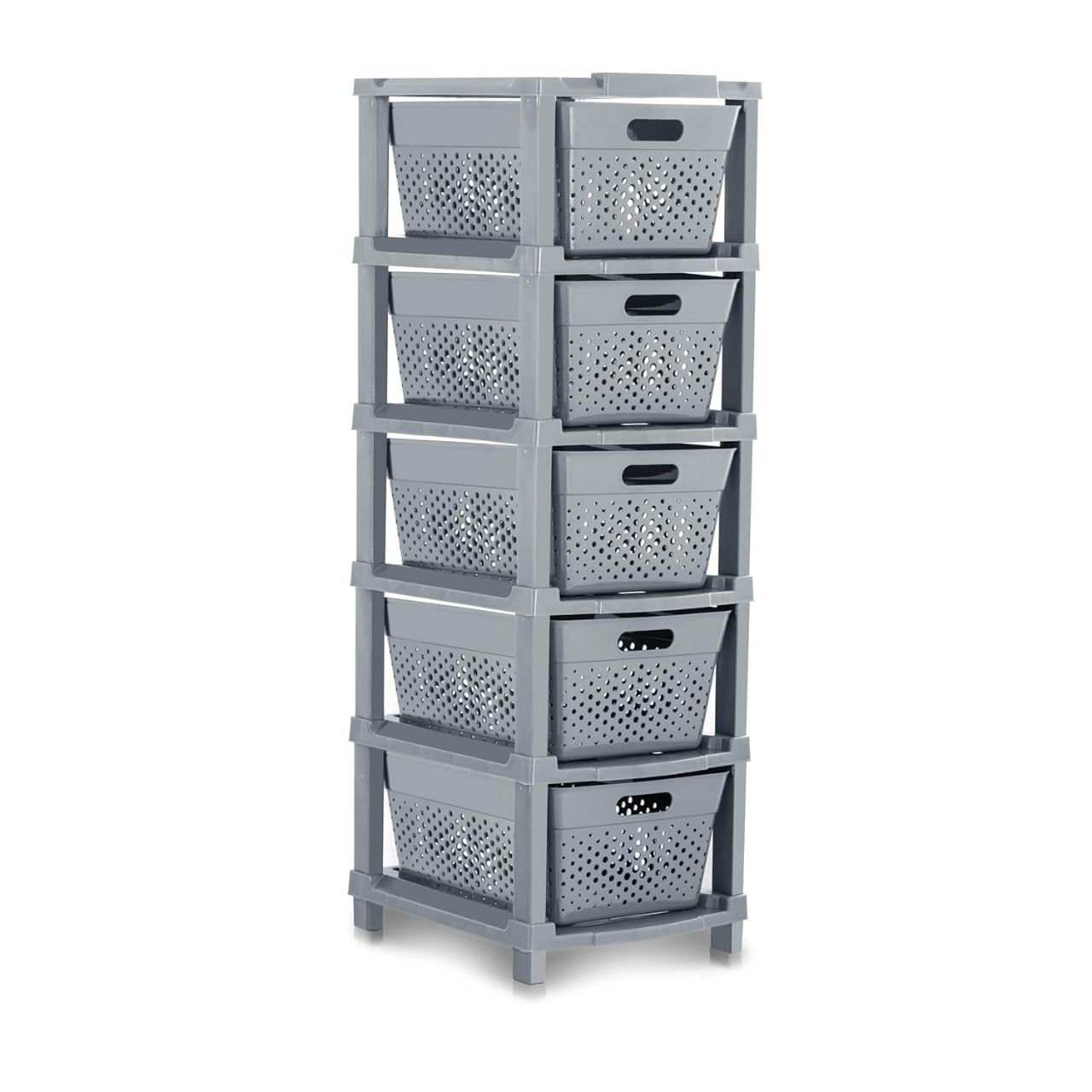 5-Tier Stackable Storage Drawer Organizer with Perforated Design - Grey