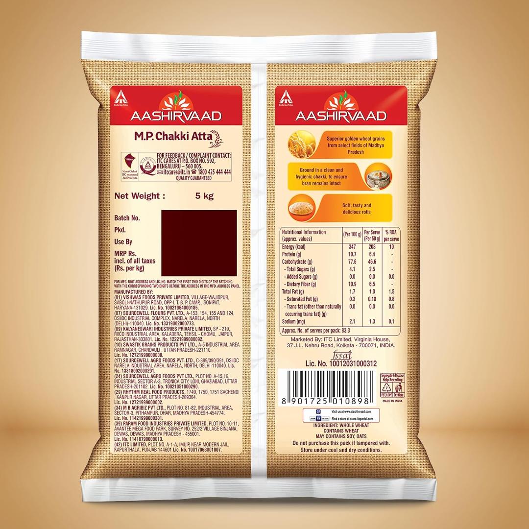 Aashirvaad 0% Maida, 100 % MP Chakki Atta, 5kg
