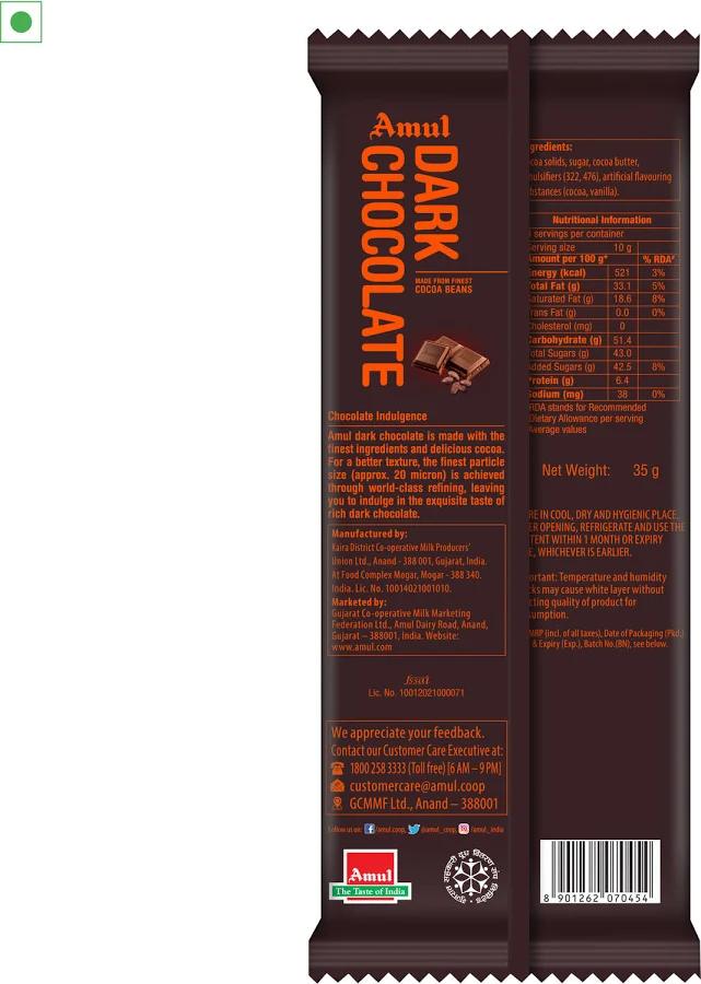 Amul Dark Chocolate Bar 35g