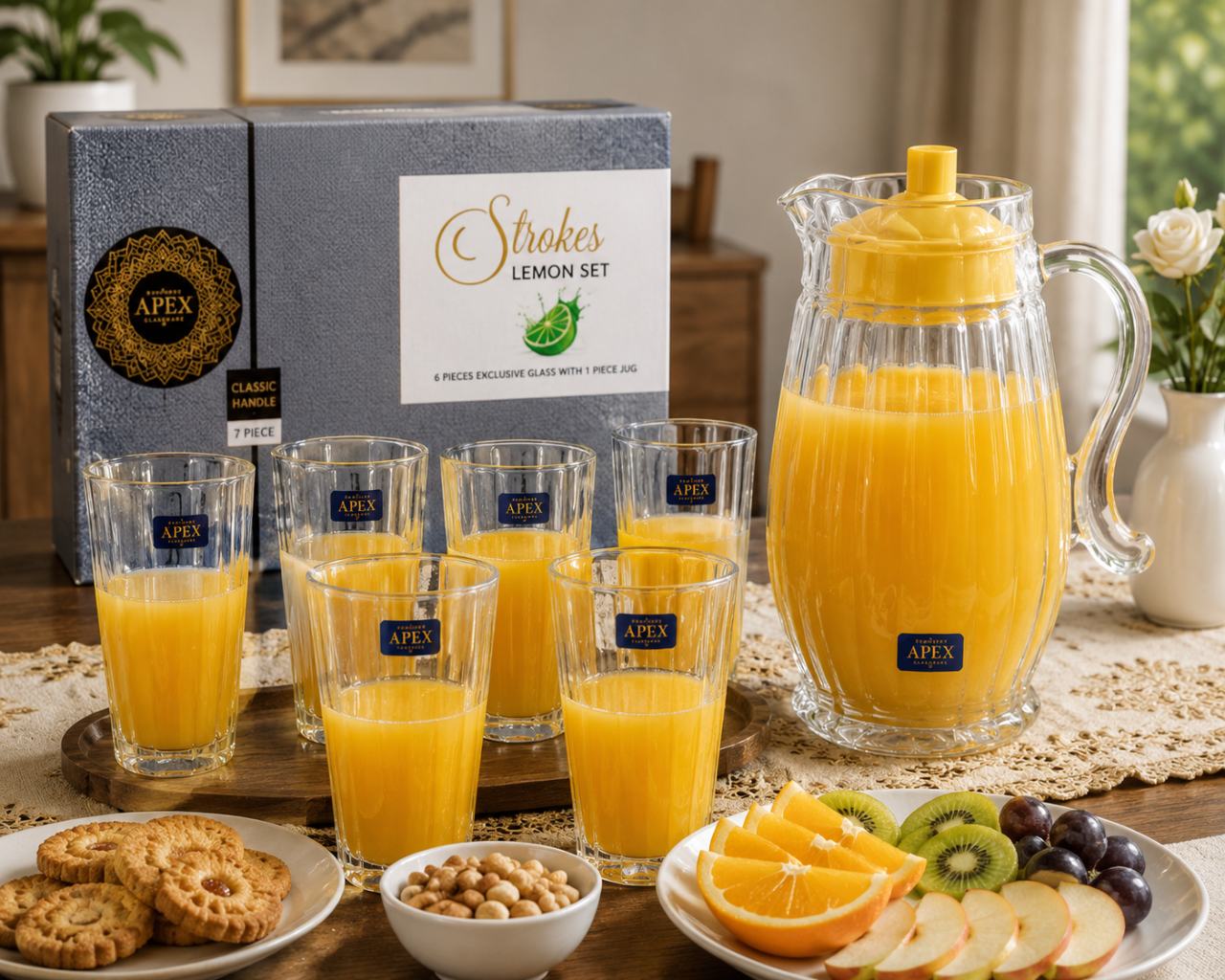 APEX Strokes Lemon Set – 7 Piece Glass Juice Set