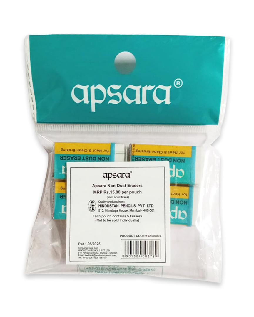 Apsara Non-Dust Erasers | Clean, Dust Free & Good Erasing | Soft Erasers | use for School, College & Artist Student | 5 Pcs Pouch