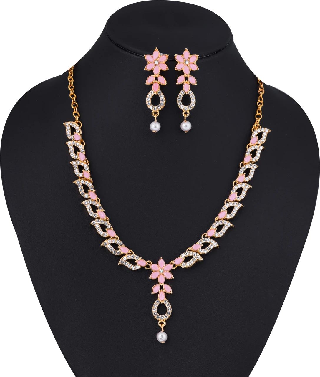 Baby Pink Floral & Crystal Gold-Plated Necklace & Earring Set