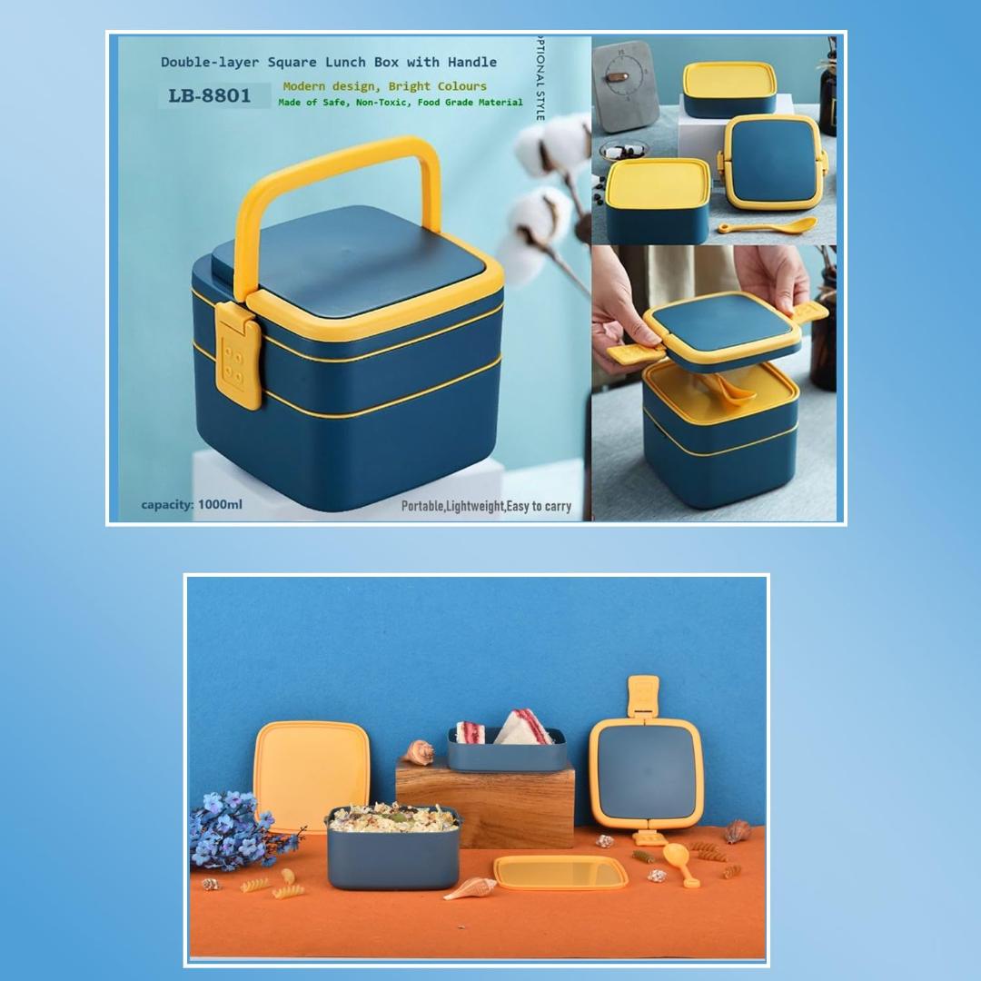 Blue Double-Layer Portable Bento Lunch Box with Handle & Spoon
