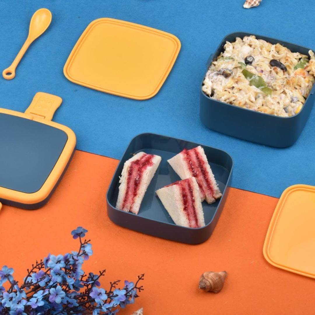 Blue Double-Layer Portable Bento Lunch Box with Handle & Spoon