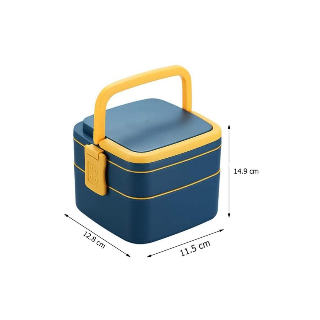 Blue Double-Layer Portable Bento Lunch Box with Handle & Spoon