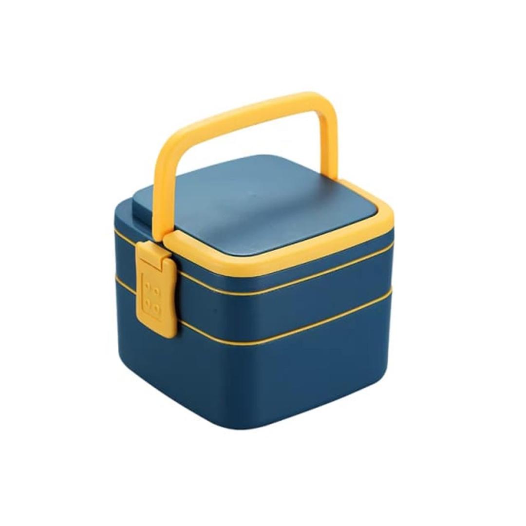 Blue Double-Layer Portable Bento Lunch Box with Handle & Spoon