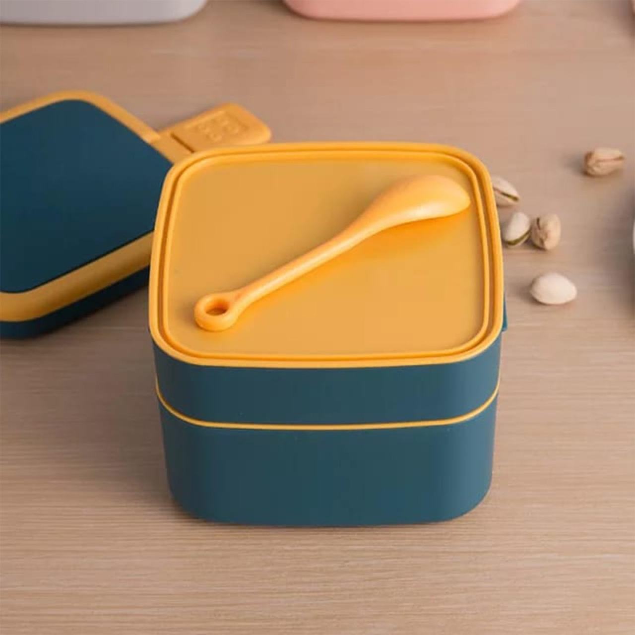 Blue Double-Layer Portable Bento Lunch Box with Handle & Spoon