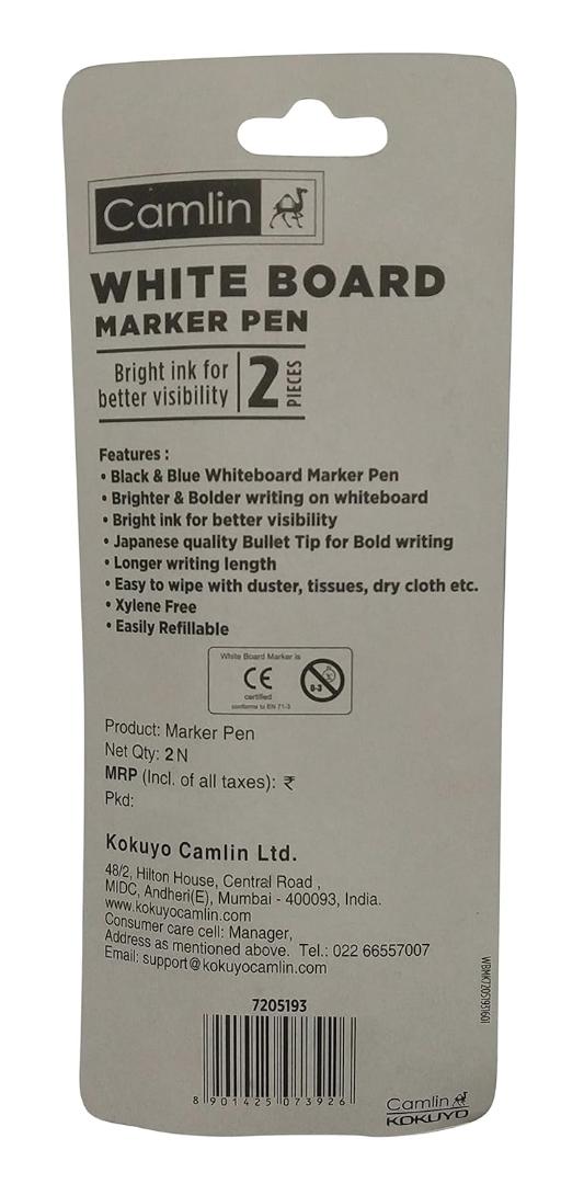 Camlin White Board Marker Pen - Black and Blue, 2 count Pack