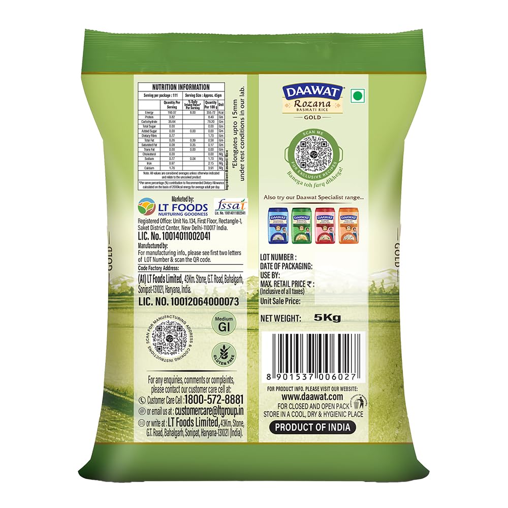 Daawat Rozana Gold Basmati Rice Tibar (Medium Grain) 5kg