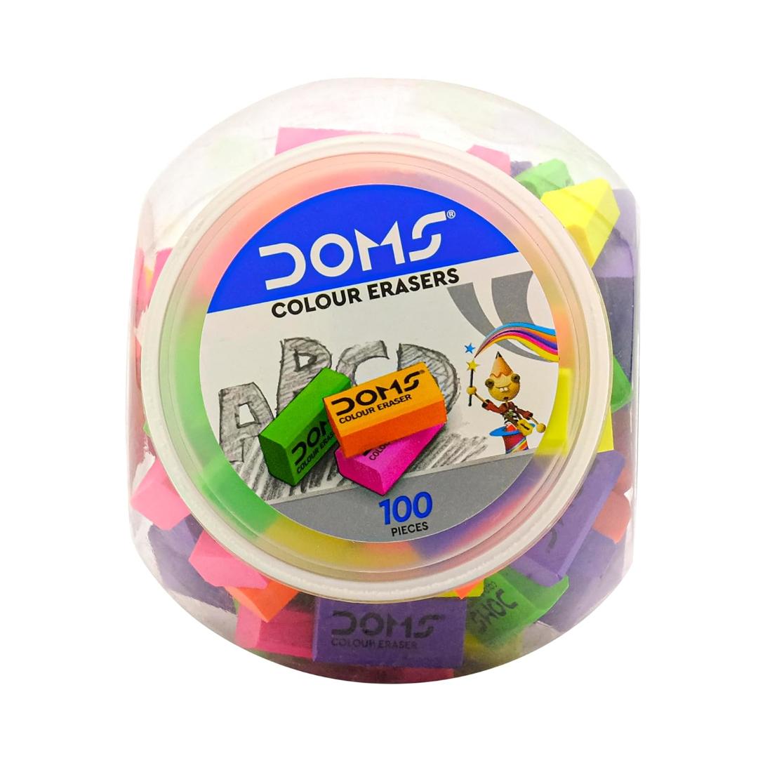Doms Color Erasers Jar Pack | For Clean & Clear Erasing | Dust Free, Non-Toxic & Safe For Kids | Lesser Flakes & Non Messy | Vibrant Body Colors | Pack of 100 Erasers