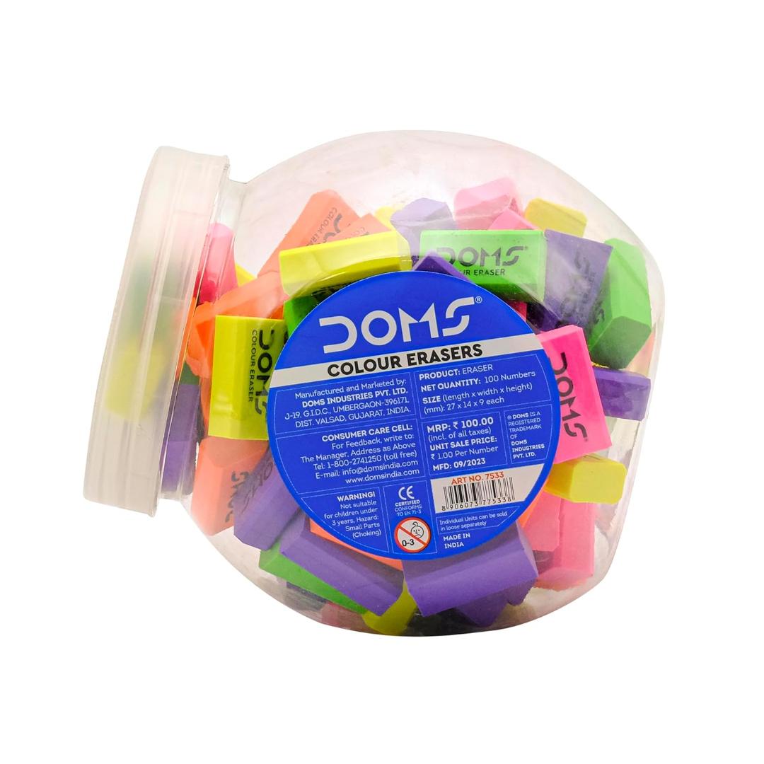 Doms Color Erasers Jar Pack | For Clean & Clear Erasing | Dust Free, Non-Toxic & Safe For Kids | Lesser Flakes & Non Messy | Vibrant Body Colors | Pack of 100 Erasers