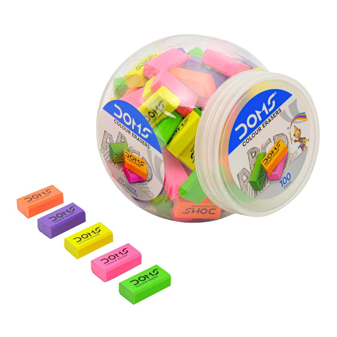 Doms Color Erasers Jar Pack | For Clean & Clear Erasing | Dust Free, Non-Toxic & Safe For Kids | Lesser Flakes & Non Messy | Vibrant Body Colors | Pack of 100 Erasers
