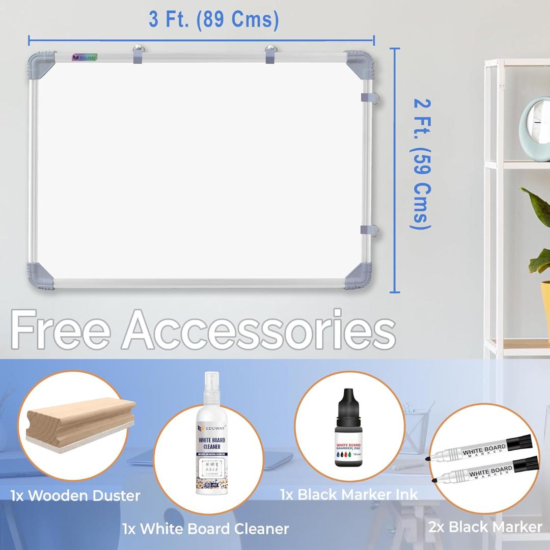 Eduway® 2x3 Ft. Whiteboard Combo Kit | 2 Marker, 1 Duster, 1 Marker Ink, 1 Cleaner Spray | Double-Sided WhiteBoard & Chalkboard | Ideal Use for Home, Office with Sliding Hanging Clips (89x59 Cms)