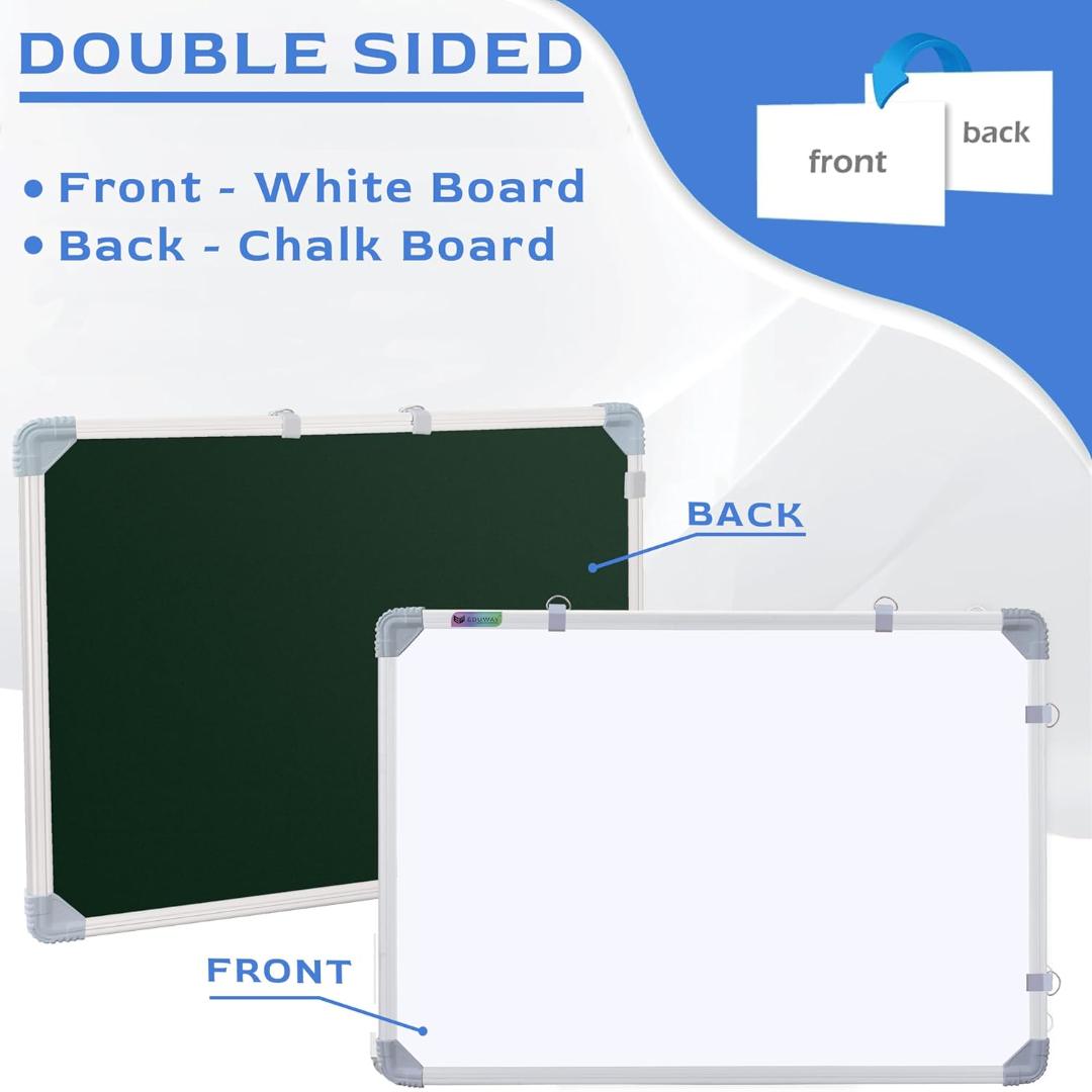 Eduway® 2x3 Ft. Whiteboard Combo Kit | 2 Marker, 1 Duster, 1 Marker Ink, 1 Cleaner Spray | Double-Sided WhiteBoard & Chalkboard | Ideal Use for Home, Office with Sliding Hanging Clips (89x59 Cms)