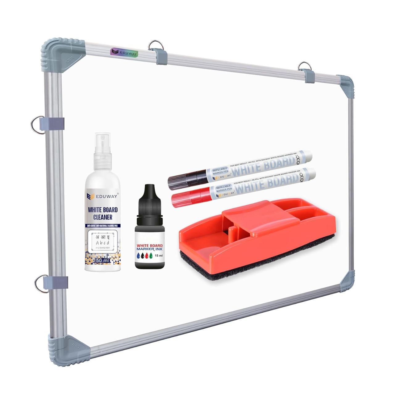 Eduway® 2x3 Ft. Whiteboard Combo Kit | 2 Marker, 1 Duster, 1 Marker Ink, 1 Cleaner Spray | Double-Sided WhiteBoard & Chalkboard | Ideal Use for Home, Office with Sliding Hanging Clips (89x59 Cms)