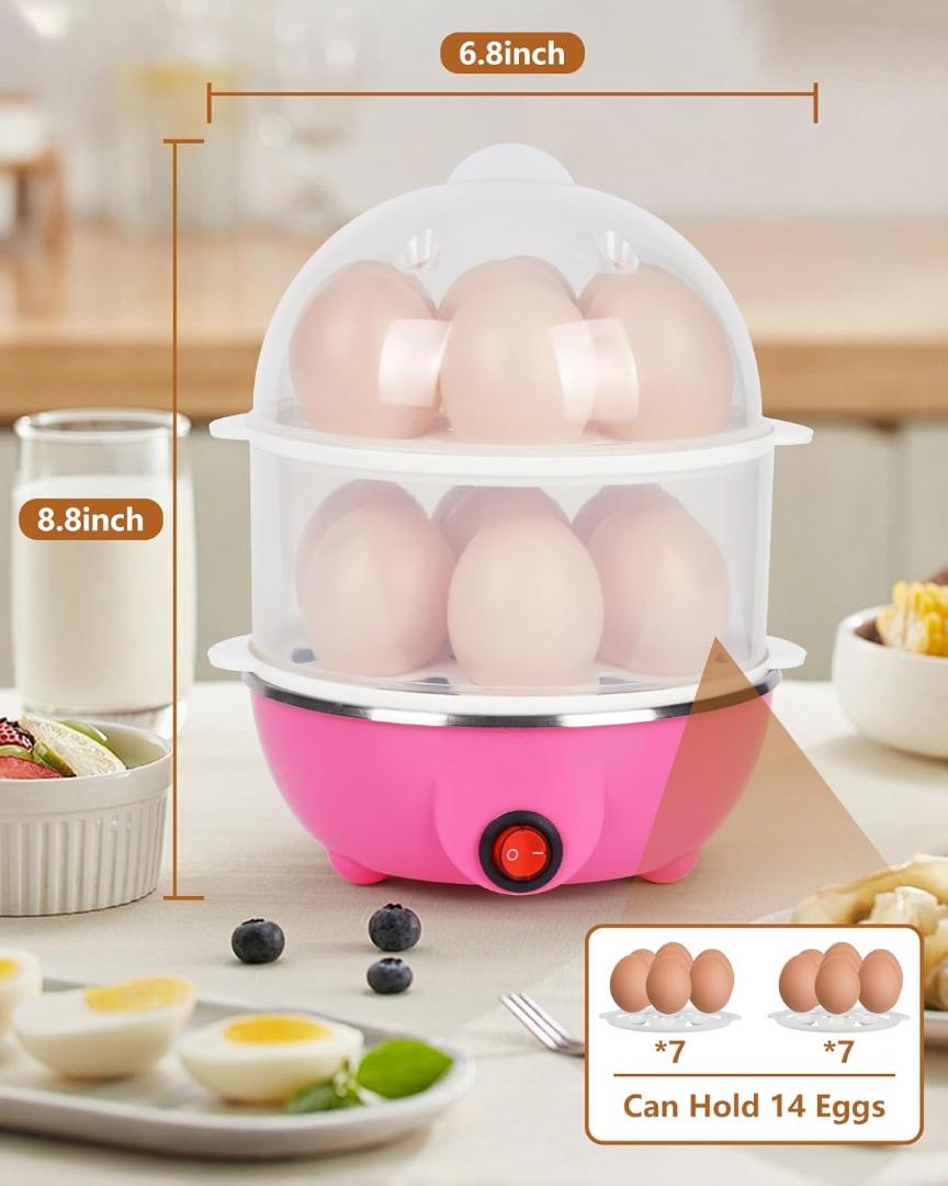 Electric Egg Boiler and Steamer - Double Layer, 14 Egg Capacity (Pink)