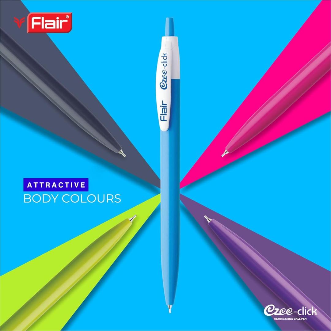 FLAIR Ezee Click 0.7 to 1 mm Ball Pen Jar Pack | Retractable Mechanism With Comfortable Grip For Smooth Writing | Different Playful Body Colors | Blue Ink, Pack of 25 Pens