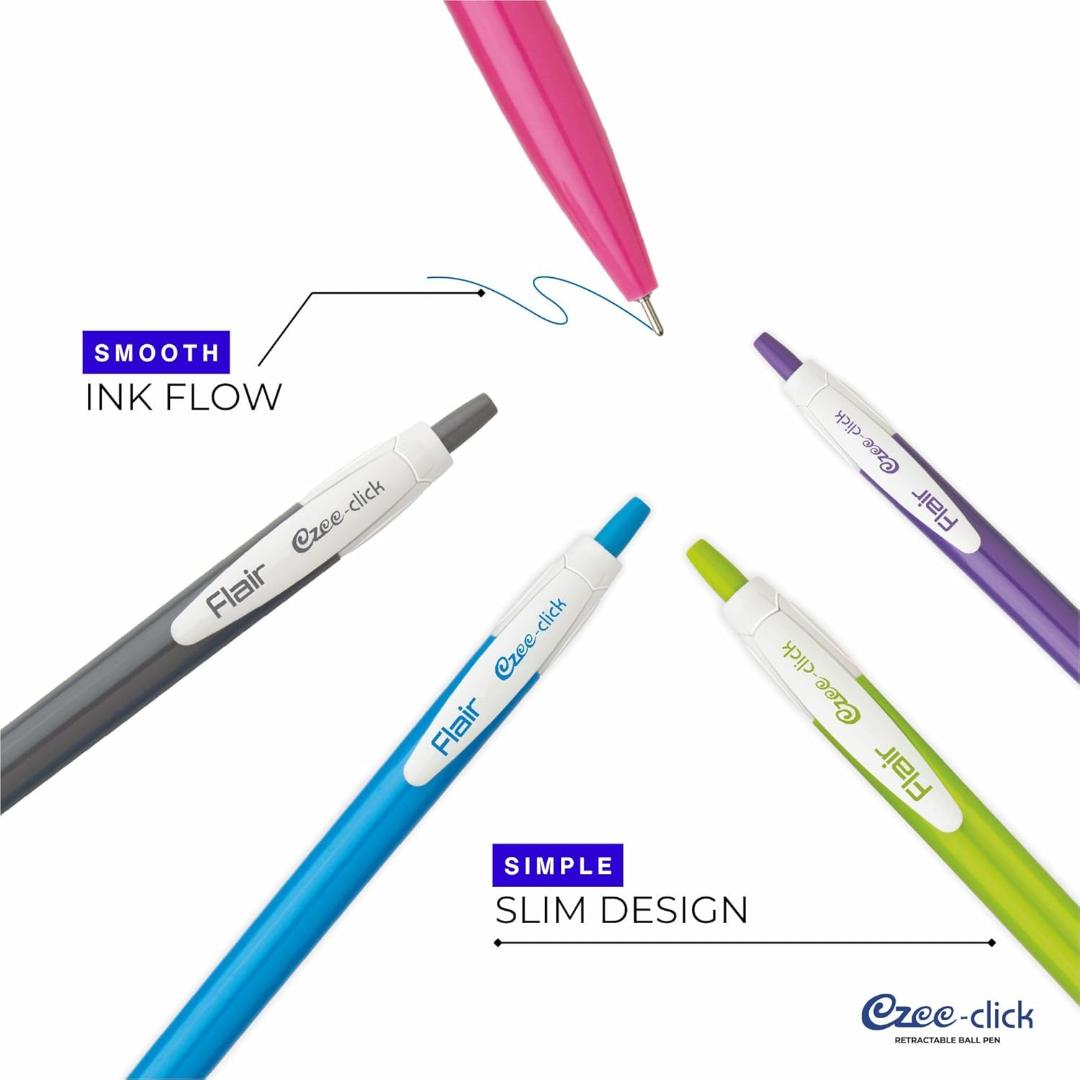 FLAIR Ezee Click 0.7 to 1 mm Ball Pen Jar Pack | Retractable Mechanism With Comfortable Grip For Smooth Writing | Different Playful Body Colors | Blue Ink, Pack of 25 Pens
