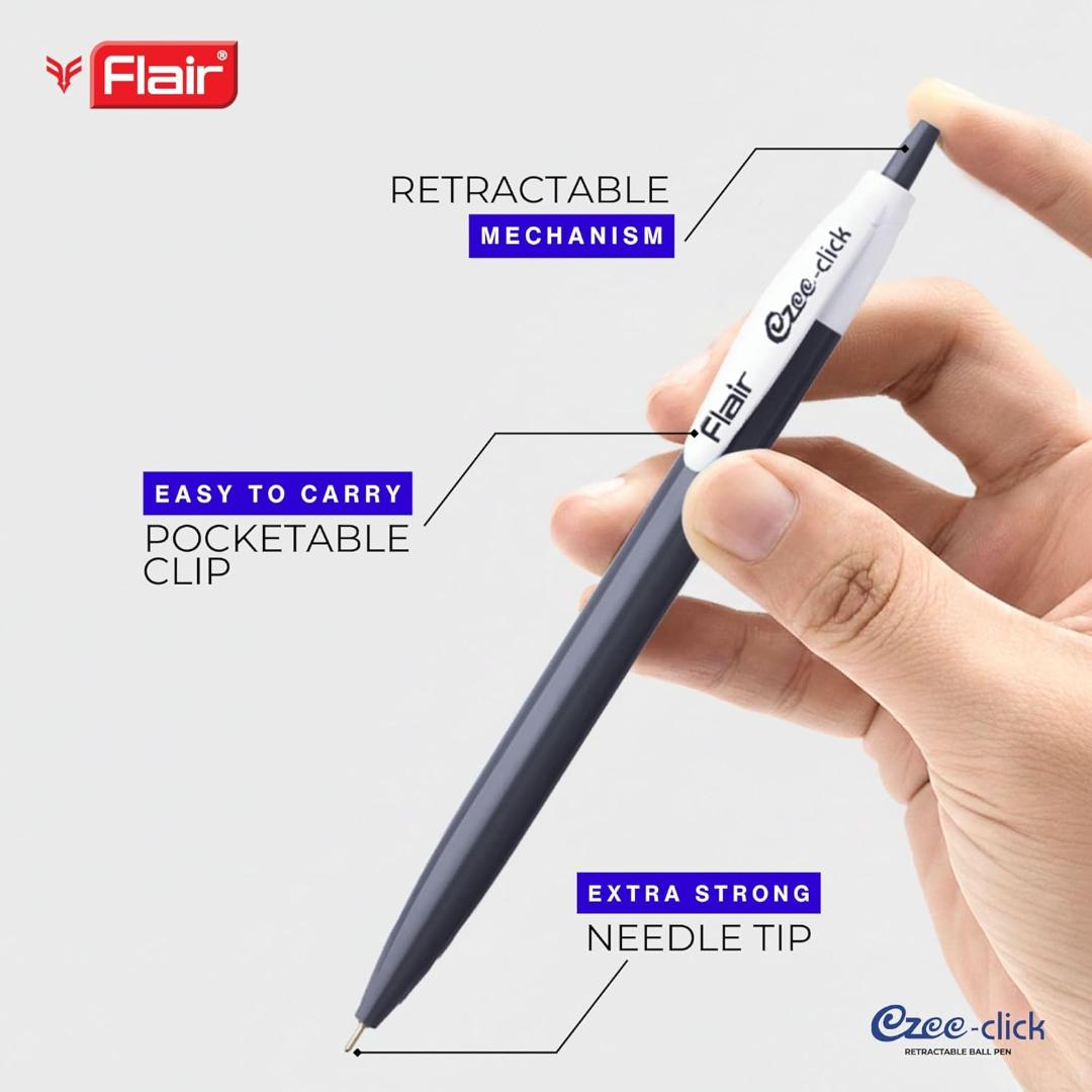 FLAIR Ezee Click 0.7 to 1 mm Ball Pen Jar Pack | Retractable Mechanism With Comfortable Grip For Smooth Writing | Different Playful Body Colors | Blue Ink, Pack of 25 Pens