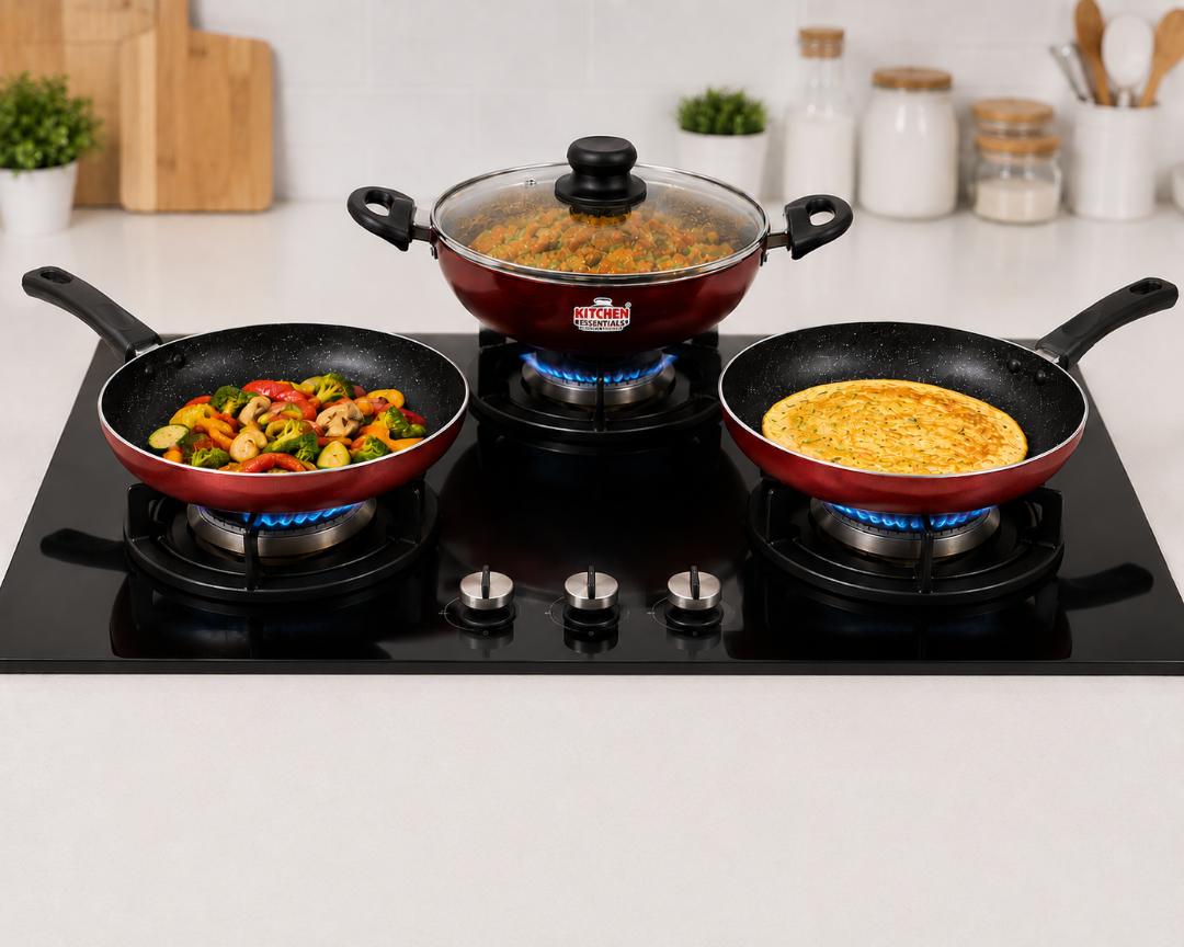 Forever 4 Pcs Nonstick Cookware Set | Kadai with Glass Lid, Fry Pan & Dosa Tawa | 3 Layer Nonstick Coating