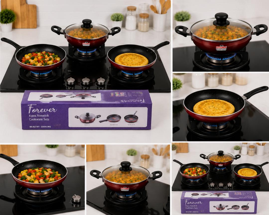 Forever 4 Pcs Nonstick Cookware Set | Kadai with Glass Lid, Fry Pan & Dosa Tawa | 3 Layer Nonstick Coating