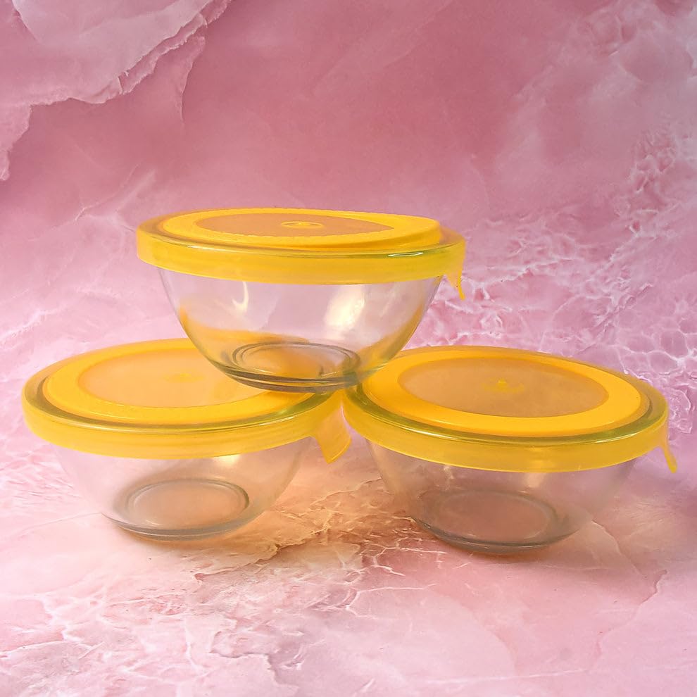 Glass Bowl Set with Yellow Lids (3-Piece)