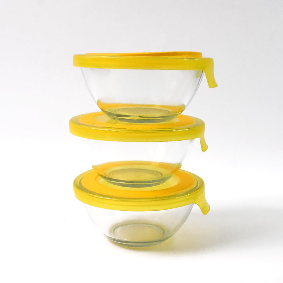 Glass Bowl Set with Yellow Lids (3-Piece)