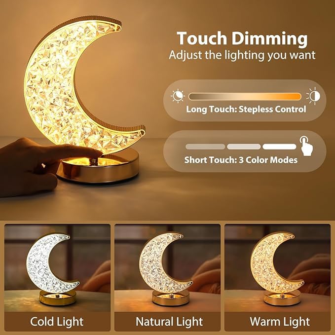 Golden Crystal LED Moon Lamp – 3 Color Modes (White, Warm & Natural Light) – Elegant Crescent Night Light for Bedroom, Table Decor, or Gift – USB Rechargeable Touch Control Moonlight Lamp