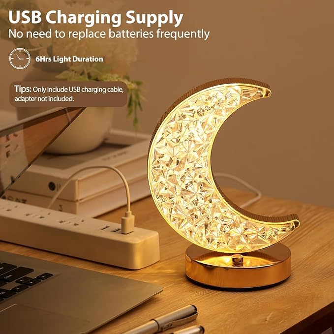 Golden Crystal LED Moon Lamp – 3 Color Modes (White, Warm & Natural Light) – Elegant Crescent Night Light for Bedroom, Table Decor, or Gift – USB Rechargeable Touch Control Moonlight Lamp