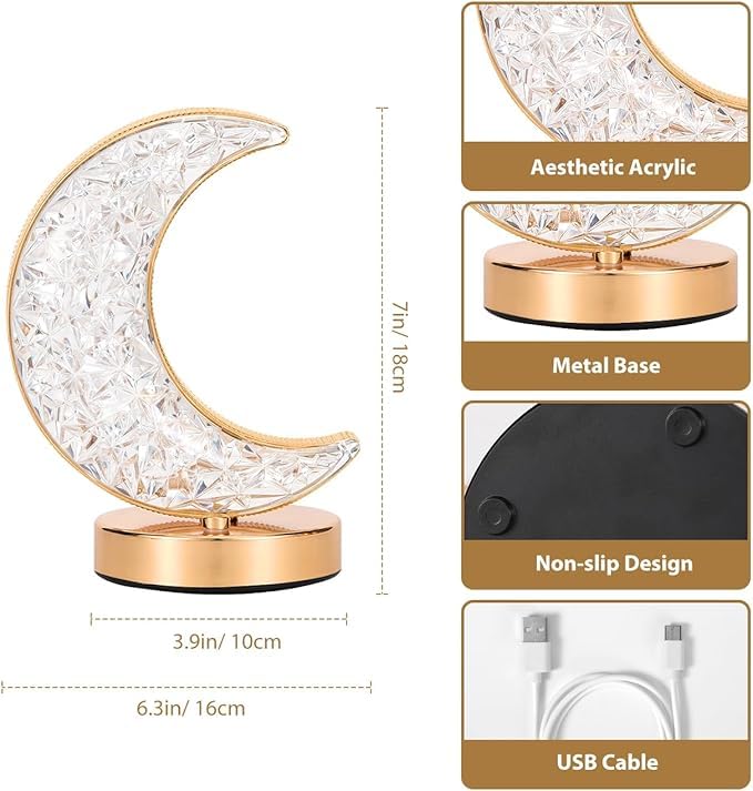 Golden Crystal LED Moon Lamp – 3 Color Modes (White, Warm & Natural Light) – Elegant Crescent Night Light for Bedroom, Table Decor, or Gift – USB Rechargeable Touch Control Moonlight Lamp