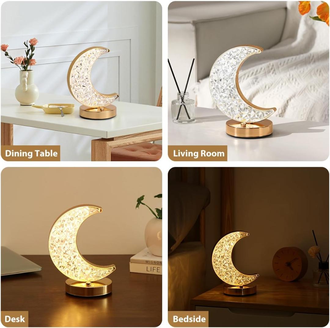 Golden Crystal LED Moon Lamp – 3 Color Modes (White, Warm & Natural Light) – Elegant Crescent Night Light for Bedroom, Table Decor, or Gift – USB Rechargeable Touch Control Moonlight Lamp