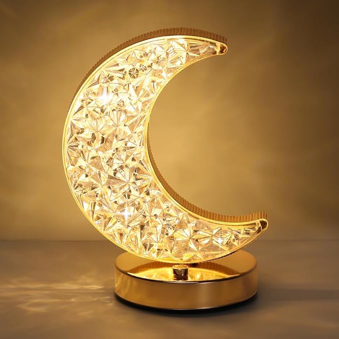 Golden Crystal LED Moon Lamp – 3 Color Modes (White, Warm & Natural Light) – Elegant Crescent Night Light for Bedroom, Table Decor, or Gift – USB Rechargeable Touch Control Moonlight Lamp