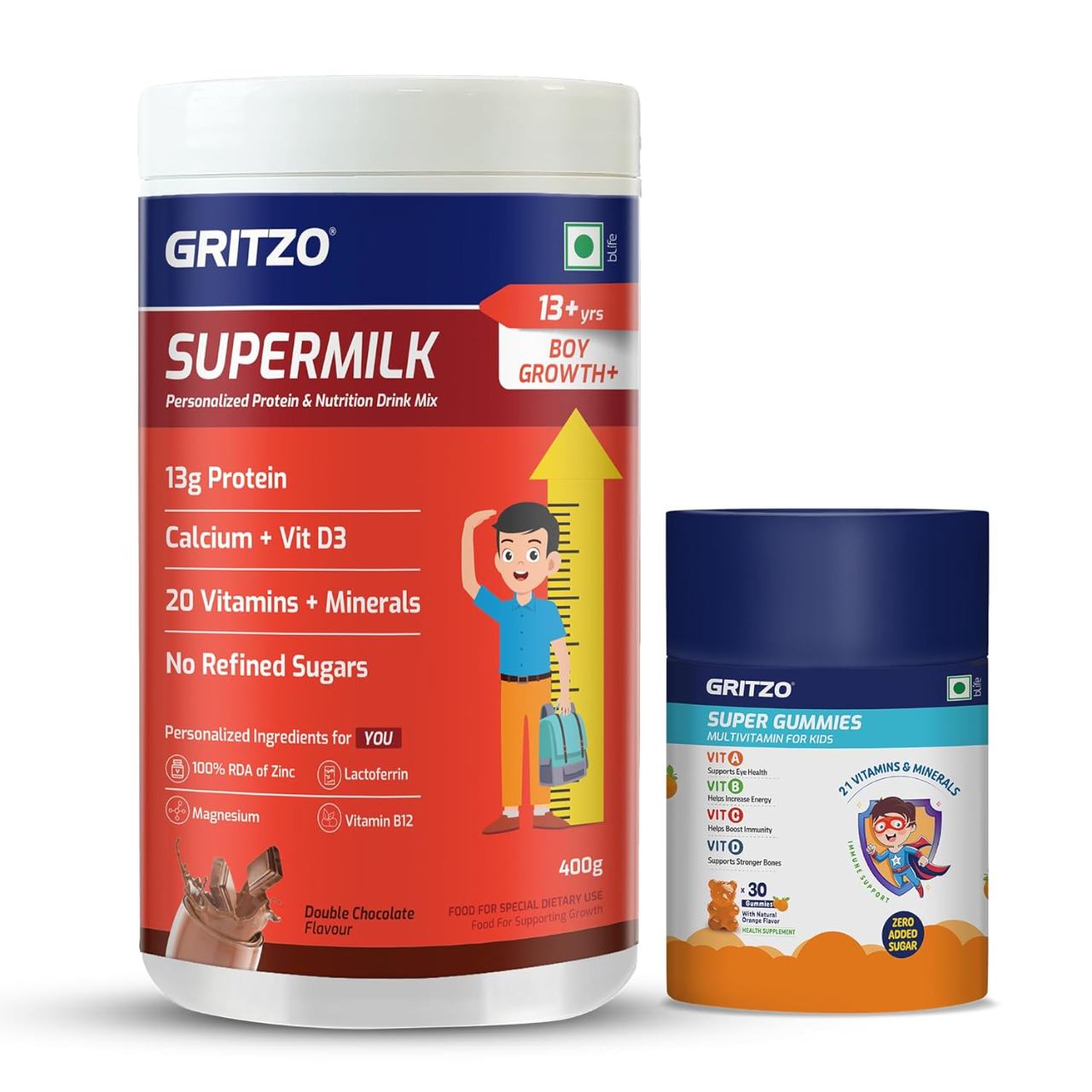 Gritzo SuperMilk Boy Growth+ Drink Mix (13+ Years, Double Chocolate),,400g
