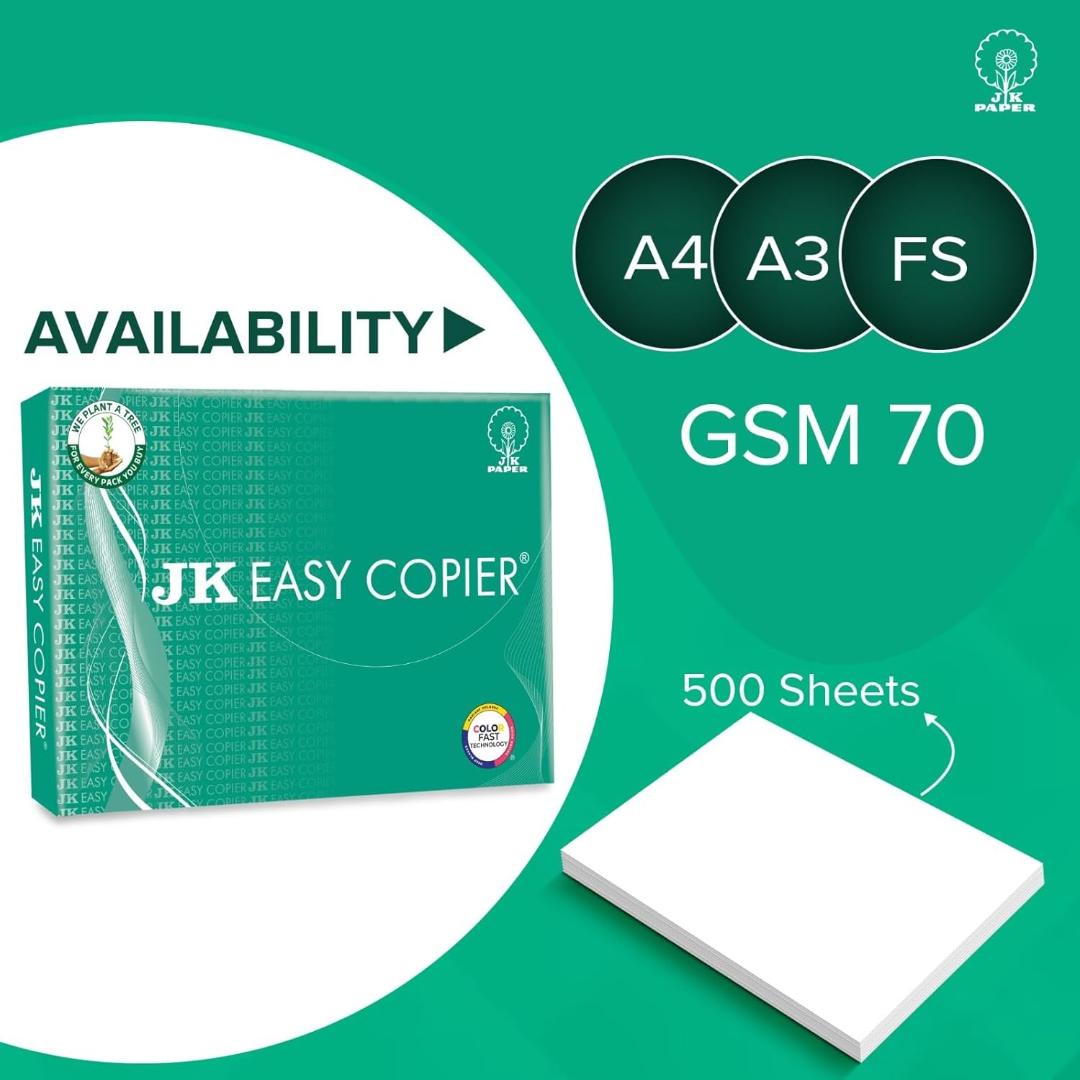JK Easy Copier Paper | A4 Size | 70 GSM | 500 Sheets | White Paper, 1 Ream | For Laserjet & Inkjet Printer | Fast Drying | Both Side Print | Eco Friendly | ColorLok (Pack of 1) | One Ream