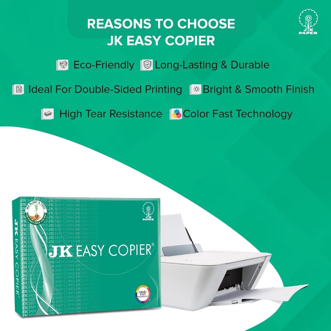 JK Easy Copier Paper | A4 Size | 70 GSM | 500 Sheets | White Paper, 1 Ream | For Laserjet & Inkjet Printer | Fast Drying | Both Side Print | Eco Friendly | ColorLok (Pack of 1) | One Ream