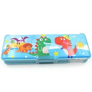 Kids Dinosaur Pencil Box with Sharpener, Multi-Compartment Storage Case, Blue