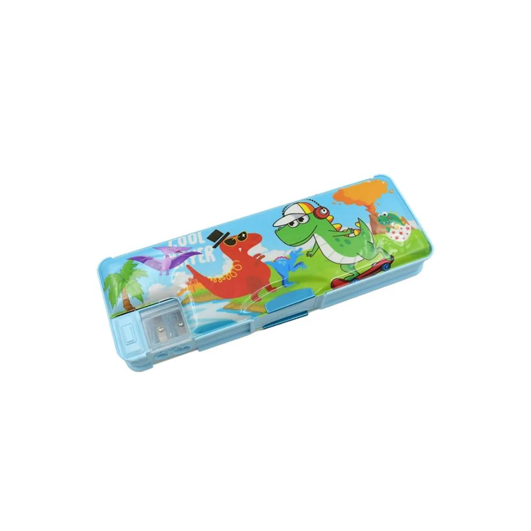 Kids Dinosaur Pencil Box with Sharpener, Multi-Compartment Storage Case, Blue