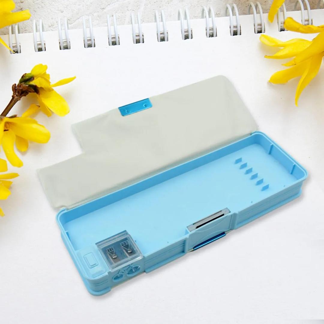Kids Dinosaur Pencil Box with Sharpener, Multi-Compartment Storage Case, Blue