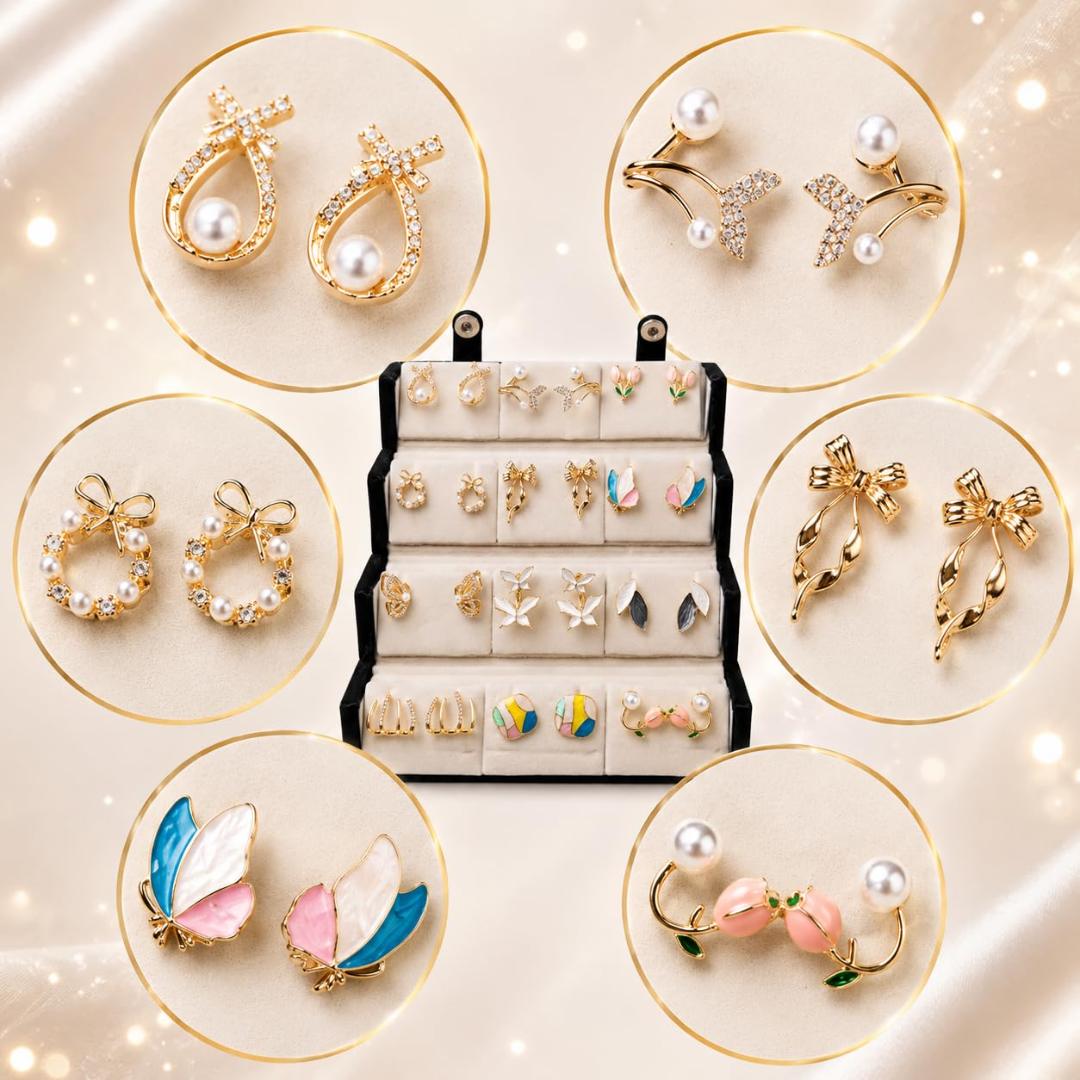 Korean 12-Pair Anti Tarnish Earrings Set with Velvet Box for Women