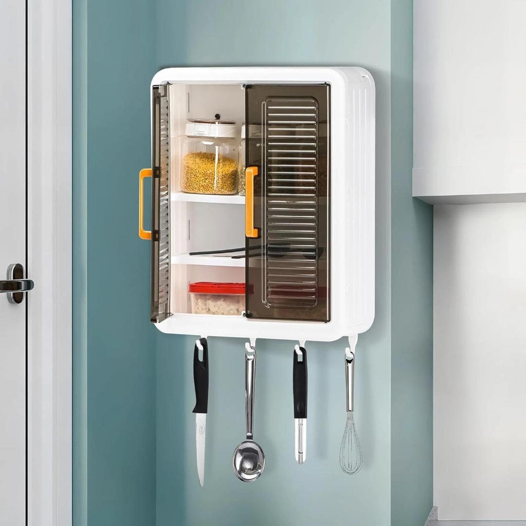 Large Wall-Mounted Kitchen Storage Cabinet with Sliding Doors & Hooks