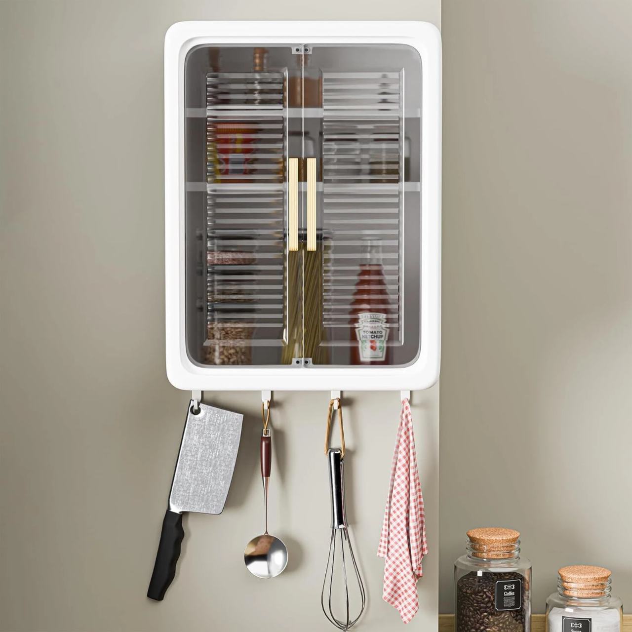 Large Wall-Mounted Kitchen Storage Cabinet with Sliding Doors & Hooks
